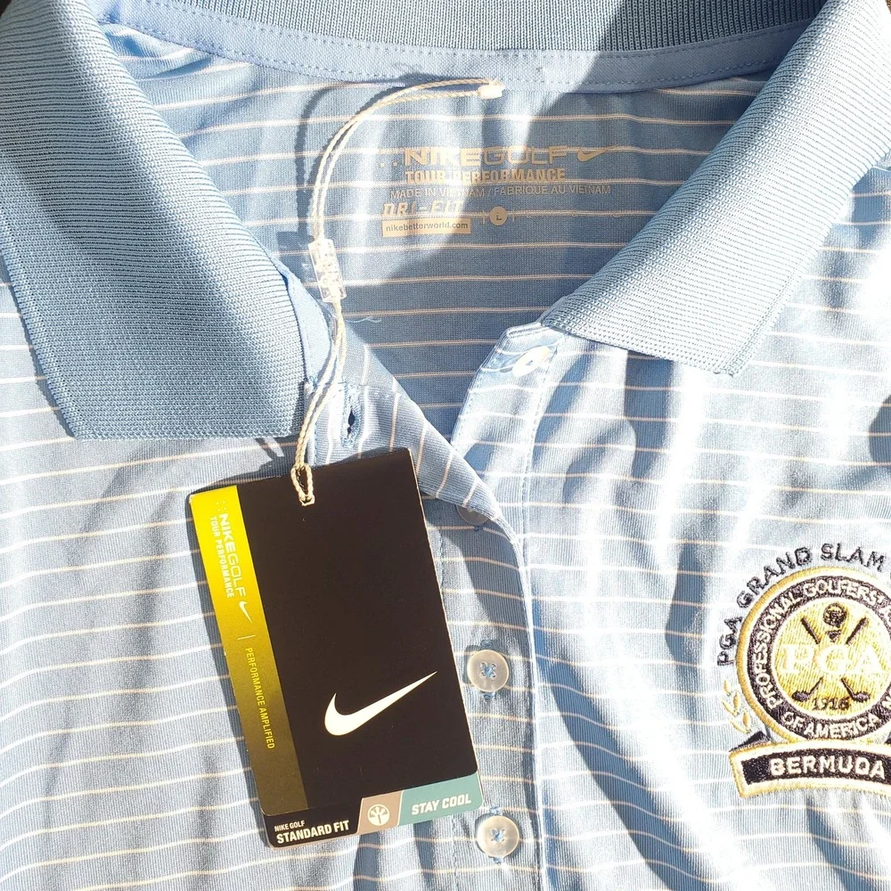 Nike Golf Polo Shirt Womens Large Blue Stripe Dri‎ Fit PGA Grand Slam Bermuda